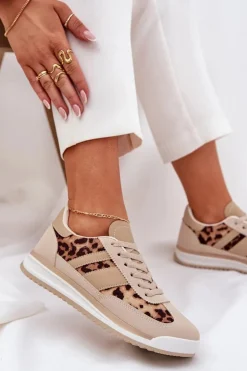 Buty Sportowe Sneakersy Damskie Panterka Beżowo-Brązowe Galabis