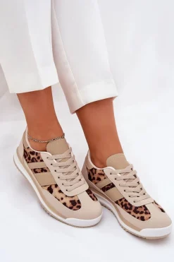 Buty Sportowe Sneakersy Damskie Panterka Beżowo-Brązowe Galabis