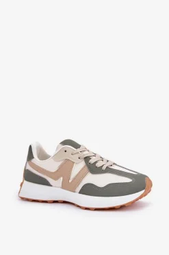Buty Sportowe Sneakersy Damskie Beżowo-Zielone Britma