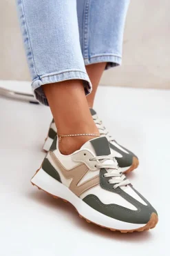 Buty Sportowe Sneakersy Damskie Beżowo-Zielone Britma