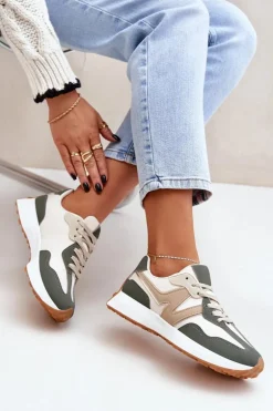 Buty Sportowe Sneakersy Damskie Beżowo-Zielone Britma