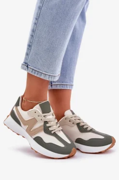Buty Sportowe Sneakersy Damskie Beżowo-Zielone Britma