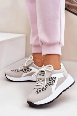 Buty Sportowe Sneakersy Damskie Na Platformie Panterka Biało-Beżowe Pumbes