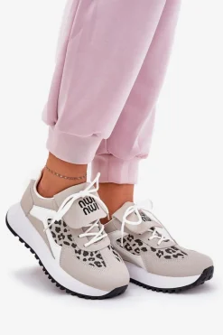 Buty Sportowe Sneakersy Damskie Na Platformie Panterka Biało-Beżowe Pumbes