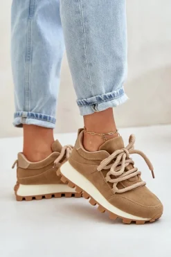 Buty Sportowe Sneakersy Na Platformie Z Eko Zamszu Brązowe Riadella