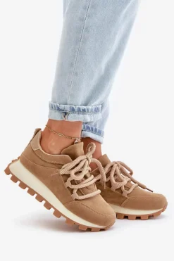 Buty Sportowe Sneakersy Na Platformie Z Eko Zamszu Brązowe Riadella