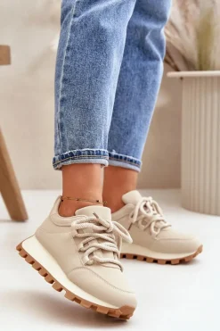 Buty Sportowe Sneakersy Na Platformie Z Eko Skóry Beżowe Riadella