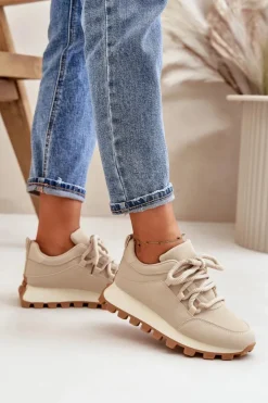 Buty Sportowe Sneakersy Na Platformie Z Eko Skóry Beżowe Riadella
