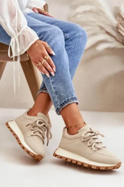 Buty Sportowe Sneakersy Na Platformie Z Eko Skóry Beżowe Riadella