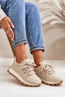 Buty Sportowe Sneakersy Na Platformie Z Eko Skóry Beżowe Riadella
