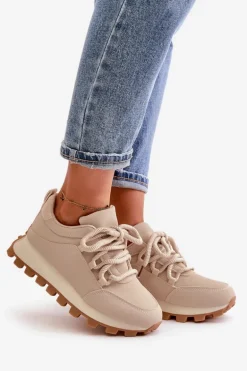 Buty Sportowe Sneakersy Na Platformie Z Eko Skóry Beżowe Riadella