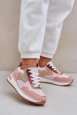Błyszczące Buty Sportowe Damskie Różowe Leesema