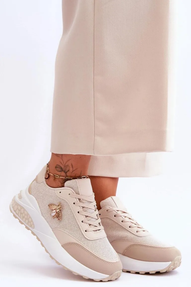 Błyszczące Buty Sportowe Z Ozdobą Beżowe Seneca