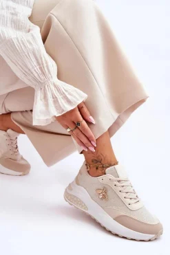 Błyszczące Buty Sportowe Z Ozdobą Beżowe Seneca