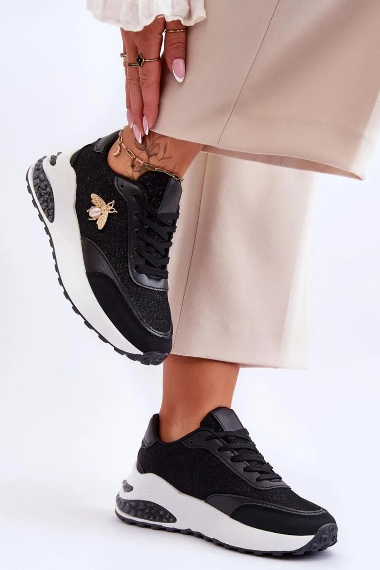 Błyszczące Buty Sportowe Z Ozdobą Czarne Seneca