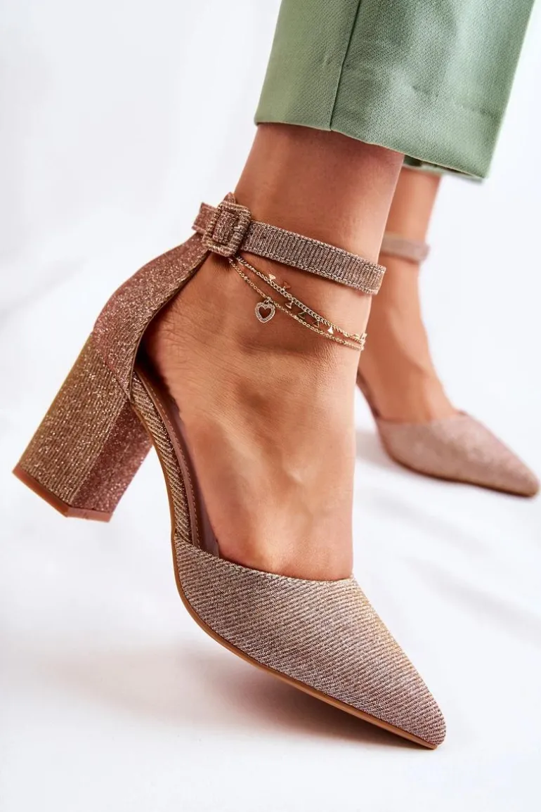 Błyszczące Czółenka Na Słupku Ciemnozłote Amira