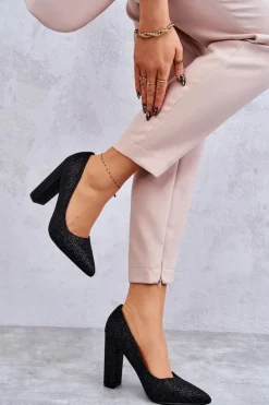 Błyszczące Czółenka Na Słupku Czarne Elmira