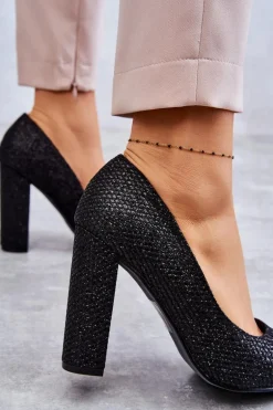 Błyszczące Czółenka Na Słupku Czarne Elmira