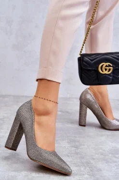 Błyszczące Czółenka Na Słupku Srebrno-Złote Elmira