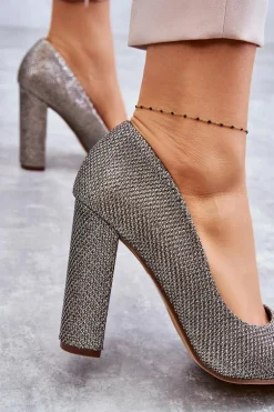 Błyszczące Czółenka Na Słupku Srebrno-Złote Elmira