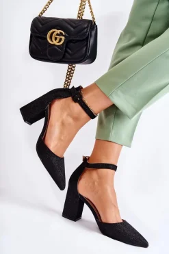 Błyszczące Czółenka Na Słupku Czarne Amira