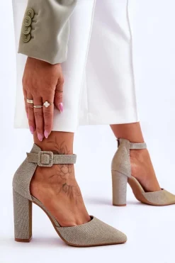 Błyszczące Czółenka Na Wyższym Słupku Złote True Love