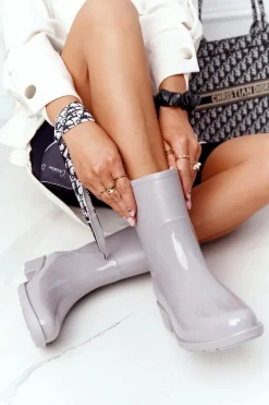 Błyszczące Kalosze Sztyblety Szare Rainy Day