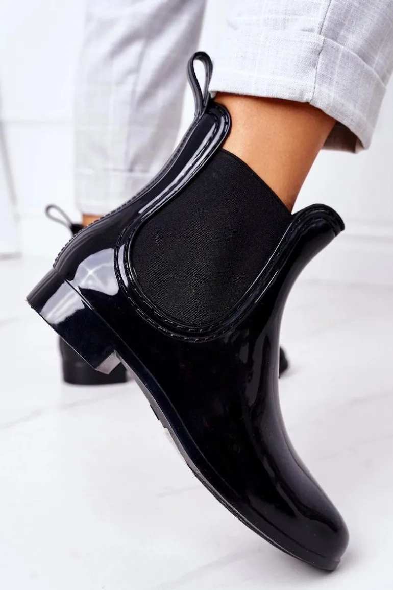 Błyszczące Kalosze Sztyblety Czarne Umbrella