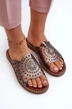 Błyszczące Klapki Damskie Na Płaskim Obcasie Z Ozdobą Miedziane Ebirena