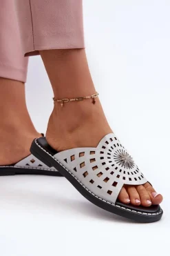 Błyszczące Klapki Damskie Na Płaskim Obcasie Z Ozdobą Srebrne Ebirena