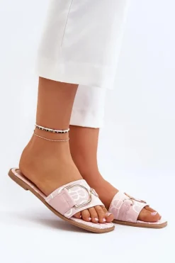 Błyszczące Klapki Damskie Z Ozdobą Różowe Taleci