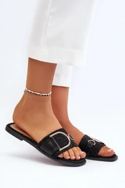 Błyszczące Klapki Damskie Z Ozdobą Czarne Taleci