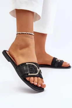 Błyszczące Klapki Damskie Z Ozdobą Czarne Taleci