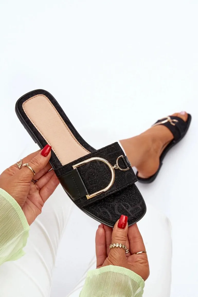 Błyszczące Klapki Damskie Z Ozdobą Czarne Taleci