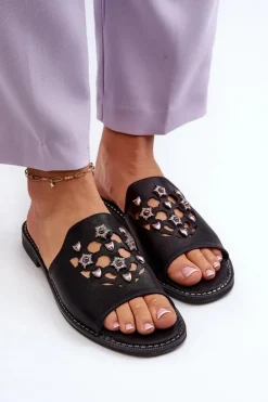 Błyszczące Klapki Damskie Z Ozdobami S.Barski KV27-063 Czarne