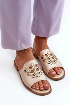 Błyszczące Klapki Damskie Z Ozdobami S.Barski KV27-063 Złote