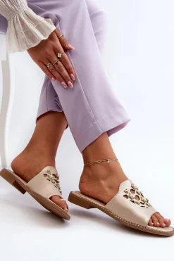 Błyszczące Klapki Damskie Z Ozdobami S.Barski KV27-063 Złote