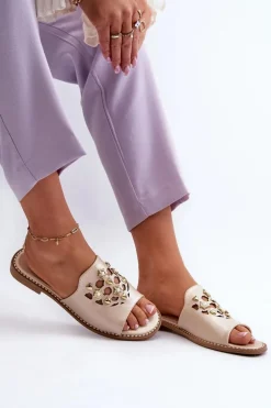 Błyszczące Klapki Damskie Z Ozdobami S.Barski KV27-063 Złote