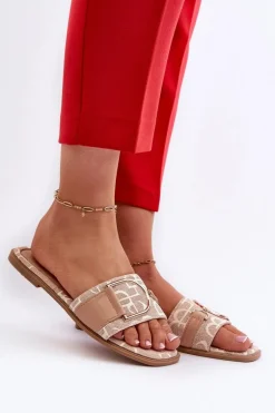 Błyszczące Klapki Damskie Z Ozdobą Beżowe Taleci