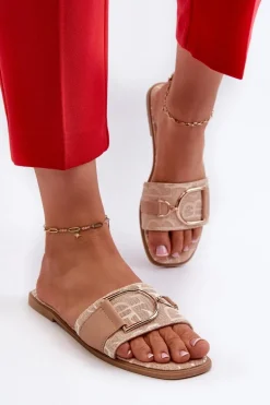 Błyszczące Klapki Damskie Z Ozdobą Beżowe Taleci