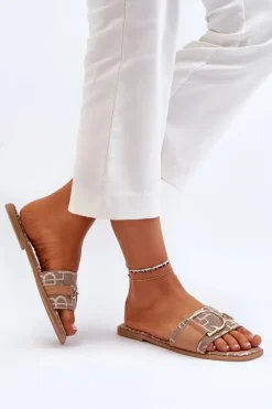 Błyszczące Klapki Damskie Z Ozdobą Brązowe Taleci