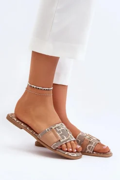 Błyszczące Klapki Damskie Z Ozdobą Brązowe Taleci