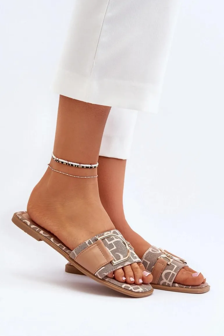 Błyszczące Klapki Damskie Z Ozdobą Brązowe Taleci