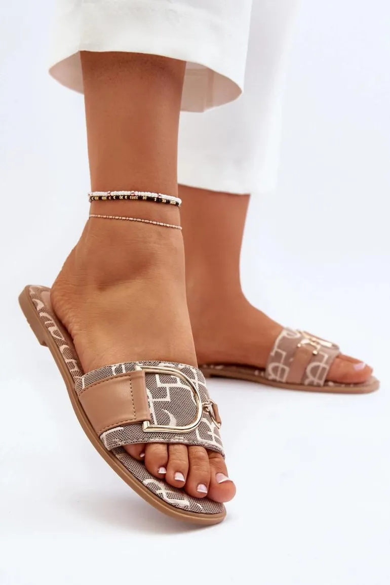 Błyszczące Klapki Damskie Z Ozdobą Brązowe Taleci