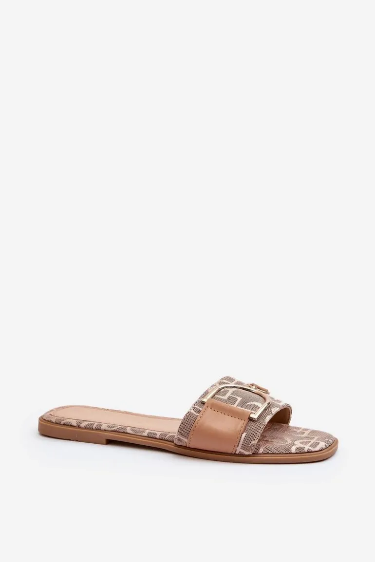 Błyszczące Klapki Damskie Z Ozdobą Brązowe Taleci