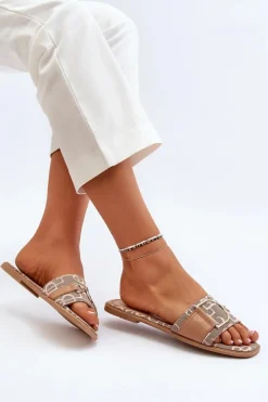 Błyszczące Klapki Damskie Z Ozdobą Brązowe Taleci