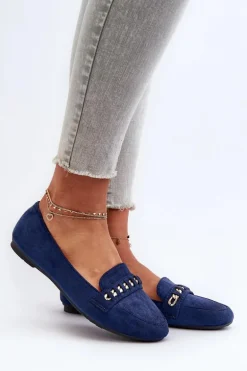 Błyszczące Mokasyny Damskie Z Łańcuchem Granatowe Aredilla