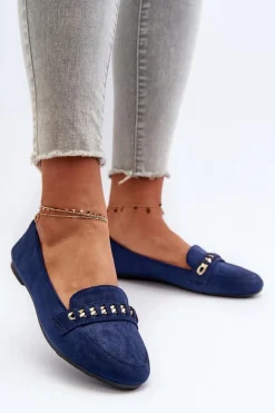 Błyszczące Mokasyny Damskie Z Łańcuchem Granatowe Aredilla