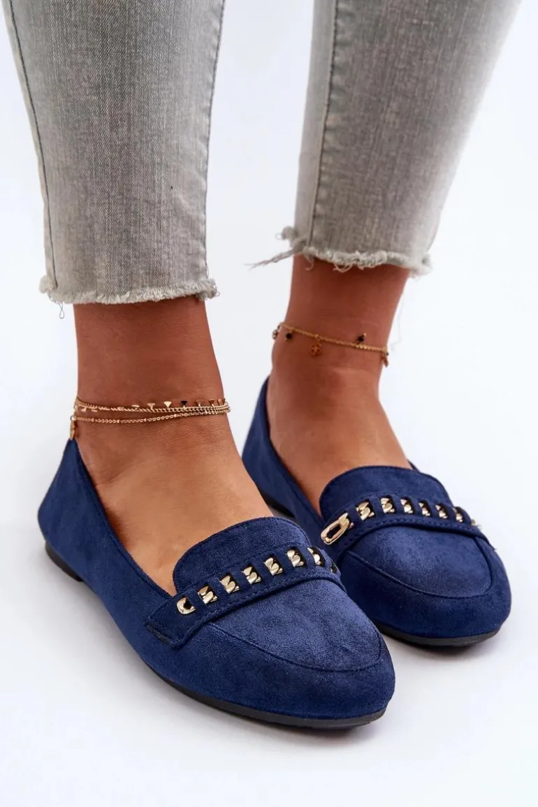 Błyszczące Mokasyny Damskie Z Łańcuchem Granatowe Aredilla