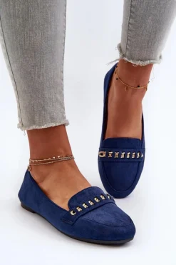 Błyszczące Mokasyny Damskie Z Łańcuchem Granatowe Aredilla